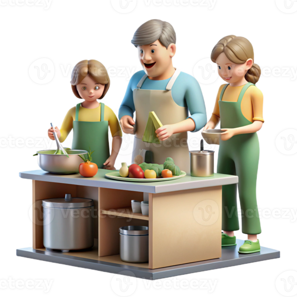 magnificent creative Family Cooking Together Kitchen Scene Transparent Background detailed png