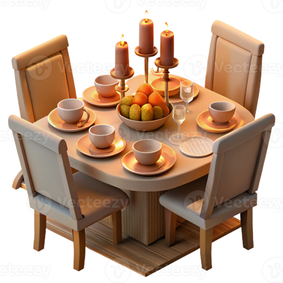elegant artistic Family Dinner Table Setting Warm Lighting Isolated 4K png