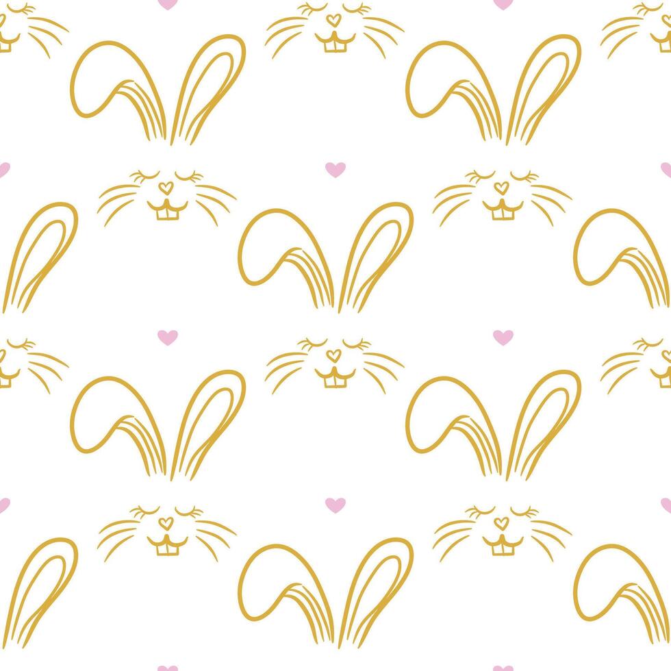 Seamless pattern with bunny line faces and polka dot little hearts vector