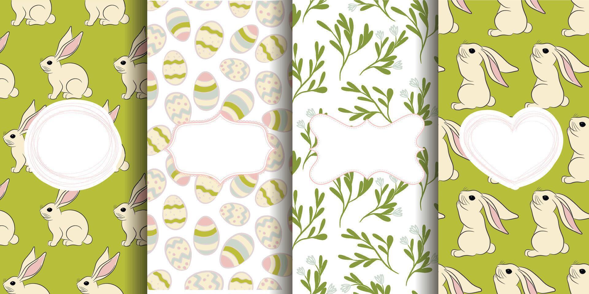 Set of seamless Easter patterns with rabbits, eggs and flowers, banners vector