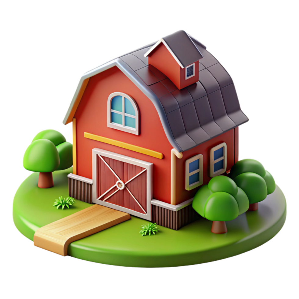extraordinary rustic Farmhouse Red Barn Green Fields Isolated authentic png
