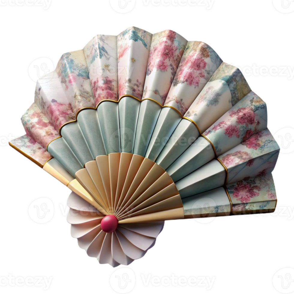 dramatic vintage Folding Fan Delicate Paper Floral Design Isolated high resolution png