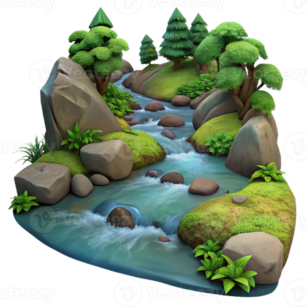 vibrant minimalist Forest Stream with Rocks and Moss Cutout high quality png