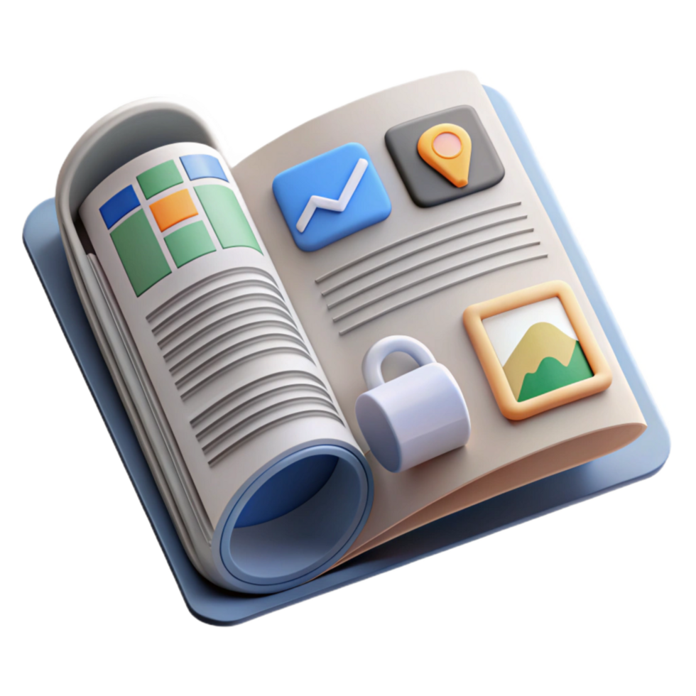 beautiful contemporary Front View Open Magazine with Digital Marketing Articles Cutout genuine png