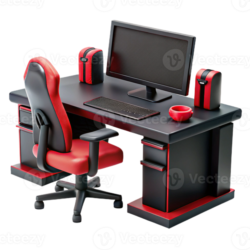serene minimalist Gaming Desk Setup Black and Red Theme Cutout Element authentic png