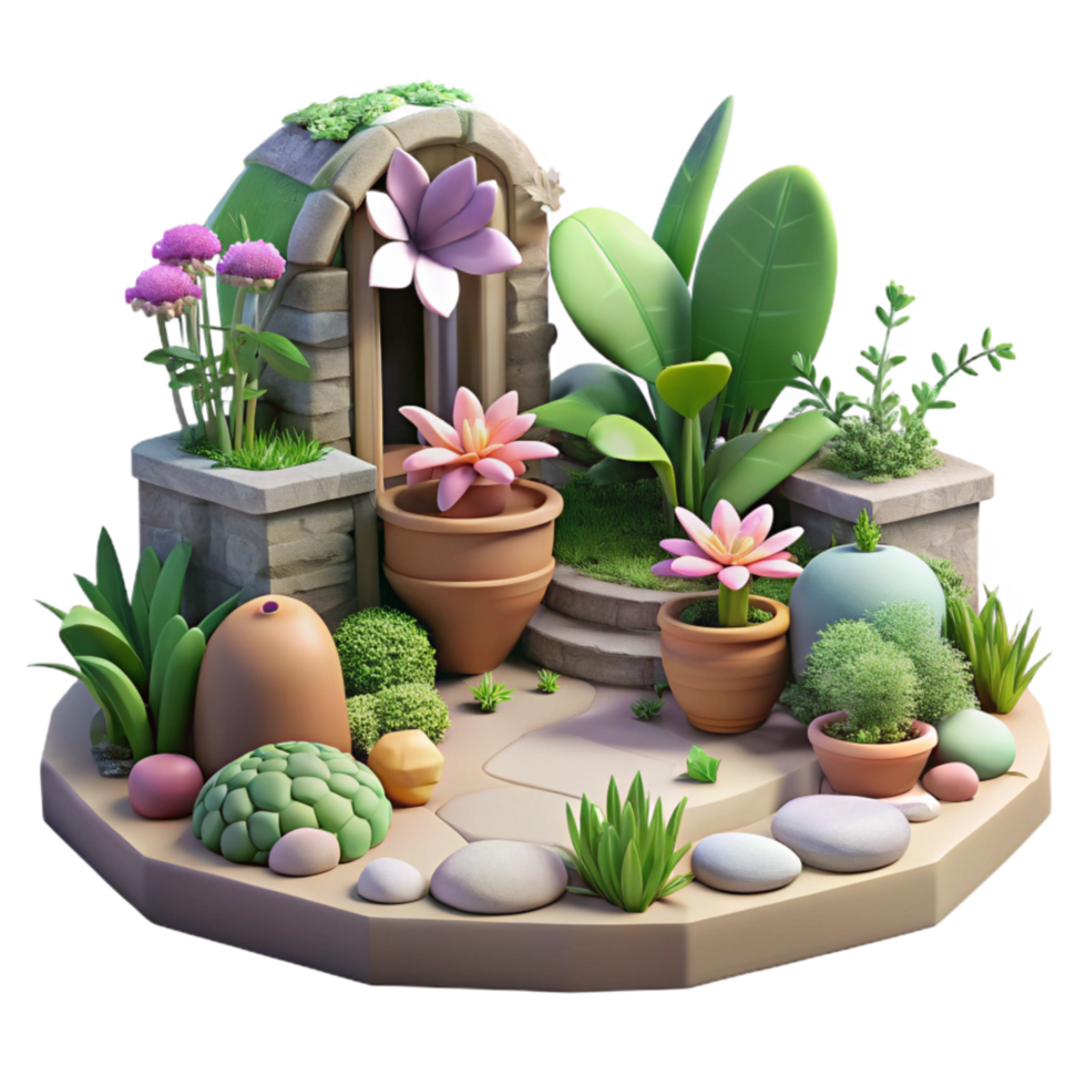 dramatic vintage Garden Scene with Flowers and Plants Transparent Background Cutout high resolution png