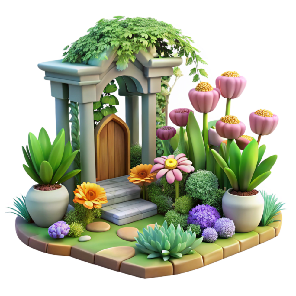 elegant modern Garden Scene with Flowers and Plants Transparent Background Cutout high quality png