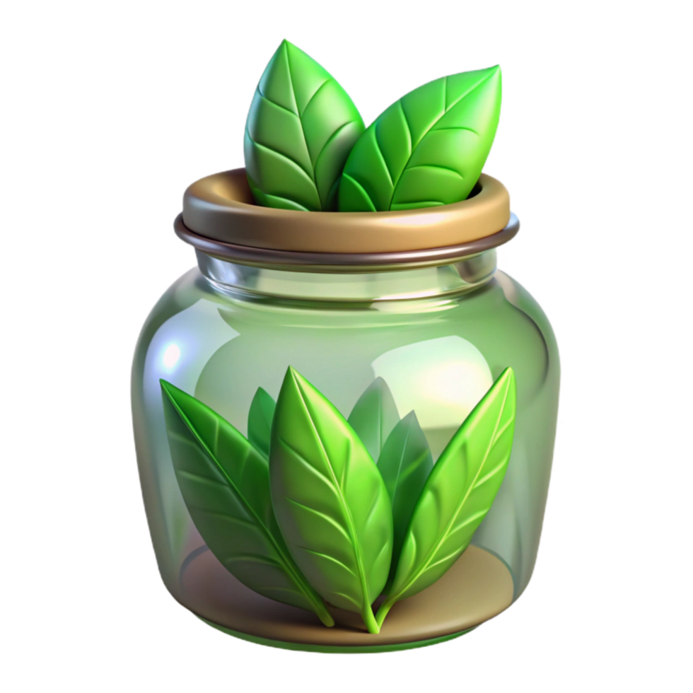 serene minimalist Glass Jar with Green Leaves Cutout authentic png