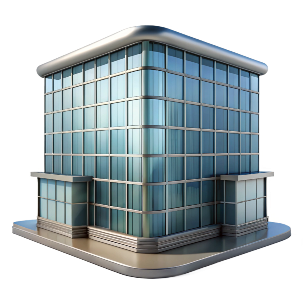 stunning contemporary Glass Office Building Reflection Front View Transparent Background detailed png