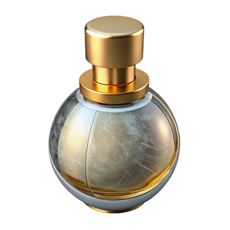 dramatic artistic Glass Perfume Bottle with Golden Cap Isolated authentic png