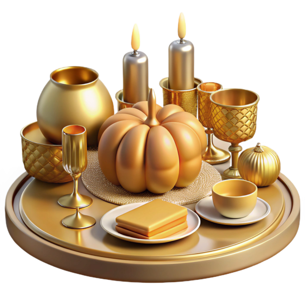 dramatic traditional Golden Thanksgiving Table Setting Cutout Transparent Background professional png