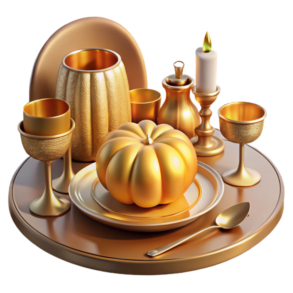 magnificent artistic Golden Thanksgiving Table Setting Cutout Transparent Background professional png