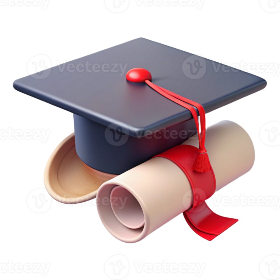 beautiful modern Graduation Cap with Diploma Scroll Red Ribbon Transparent Background professional png