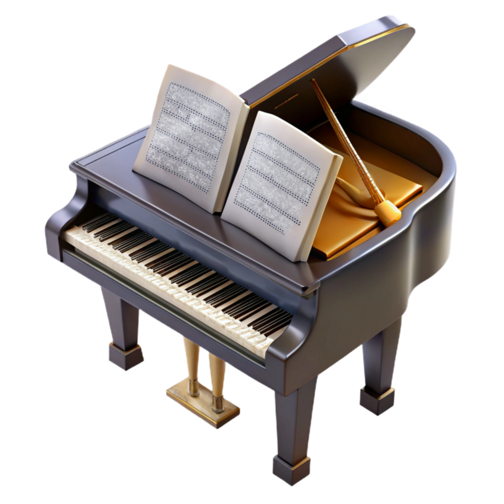 impressive rustic Grand Piano with Sheet Music Transparent Background 4K png