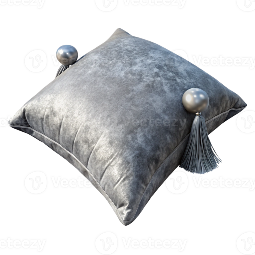 dramatic modern Gray Velvet Cushion with Tassels Isolated Element authentic png