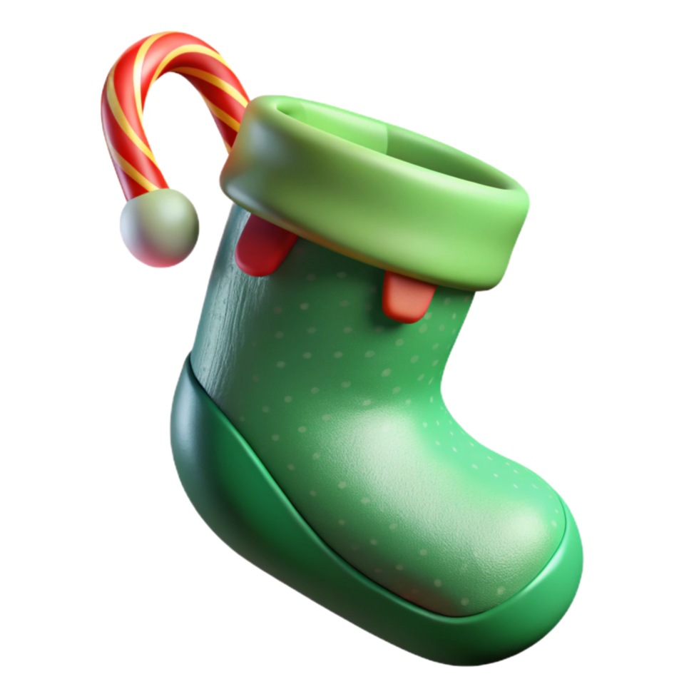 wonderful minimalist Green Christmas Stocking Isolated with Candy Cane professional png