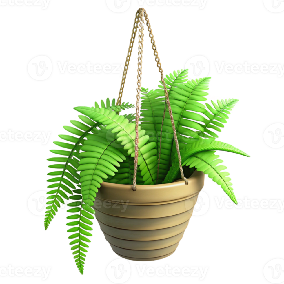 elegant contemporary Green Fern Plant in Hanging Basket Side Angle Isolated Element 4K png