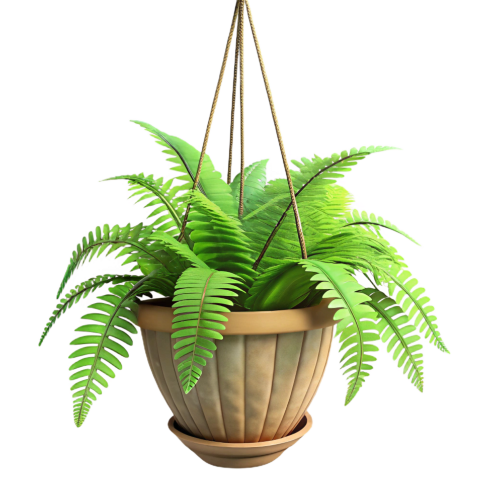 vibrant classic Green Fern Plant in Hanging Basket Side Angle Isolated Element high quality png