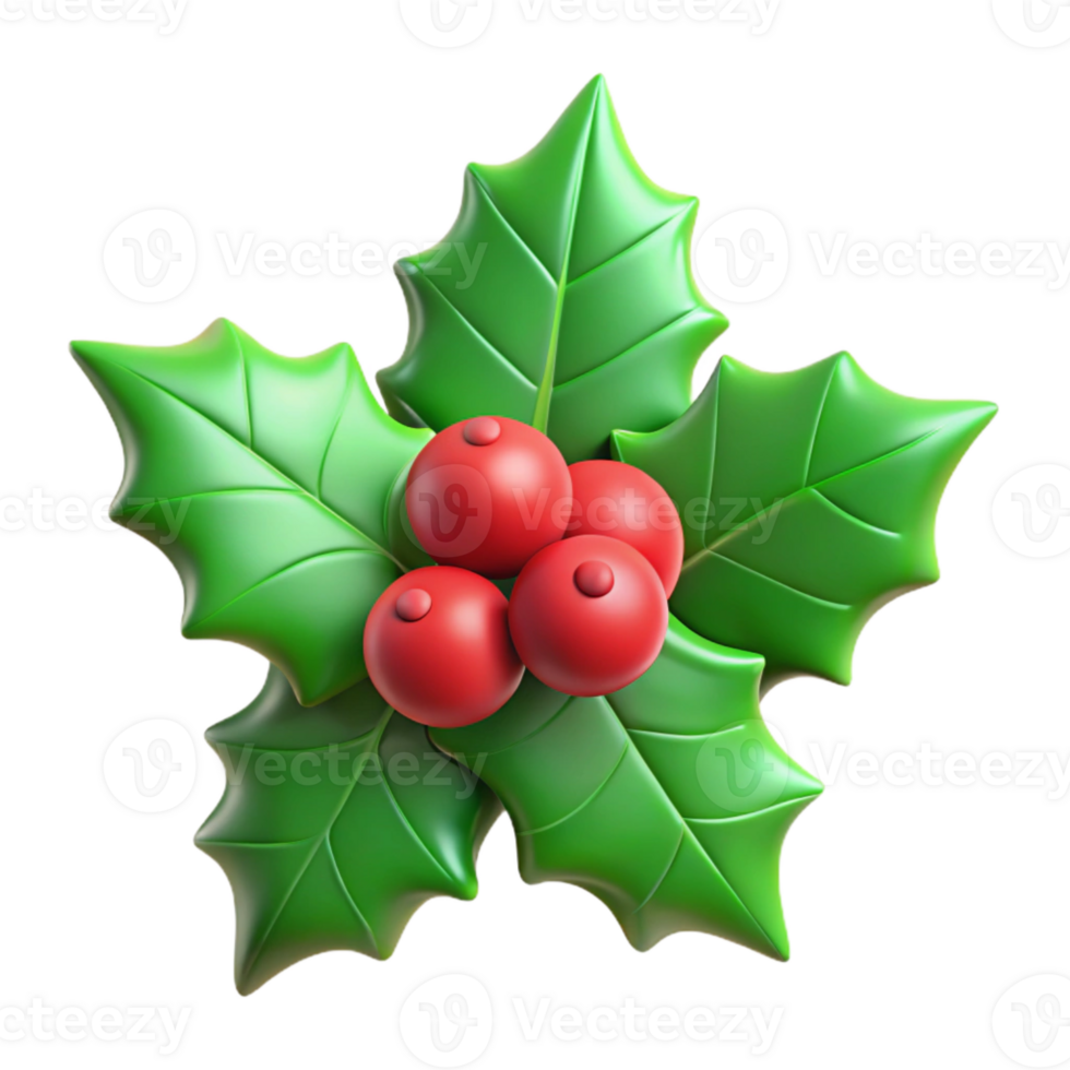 serene modern Green Holly Sprig with Red Berries Isolated Element 4K png