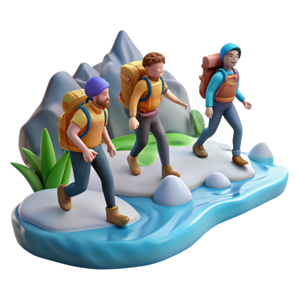 wonderful creative Group of Hikers Crossing Mountain Stream Transparent Background authentic png