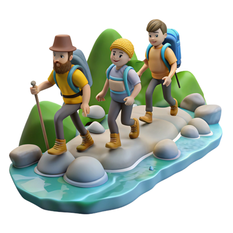 wonderful minimalist Group of Hikers Crossing Mountain Stream Transparent Background original png