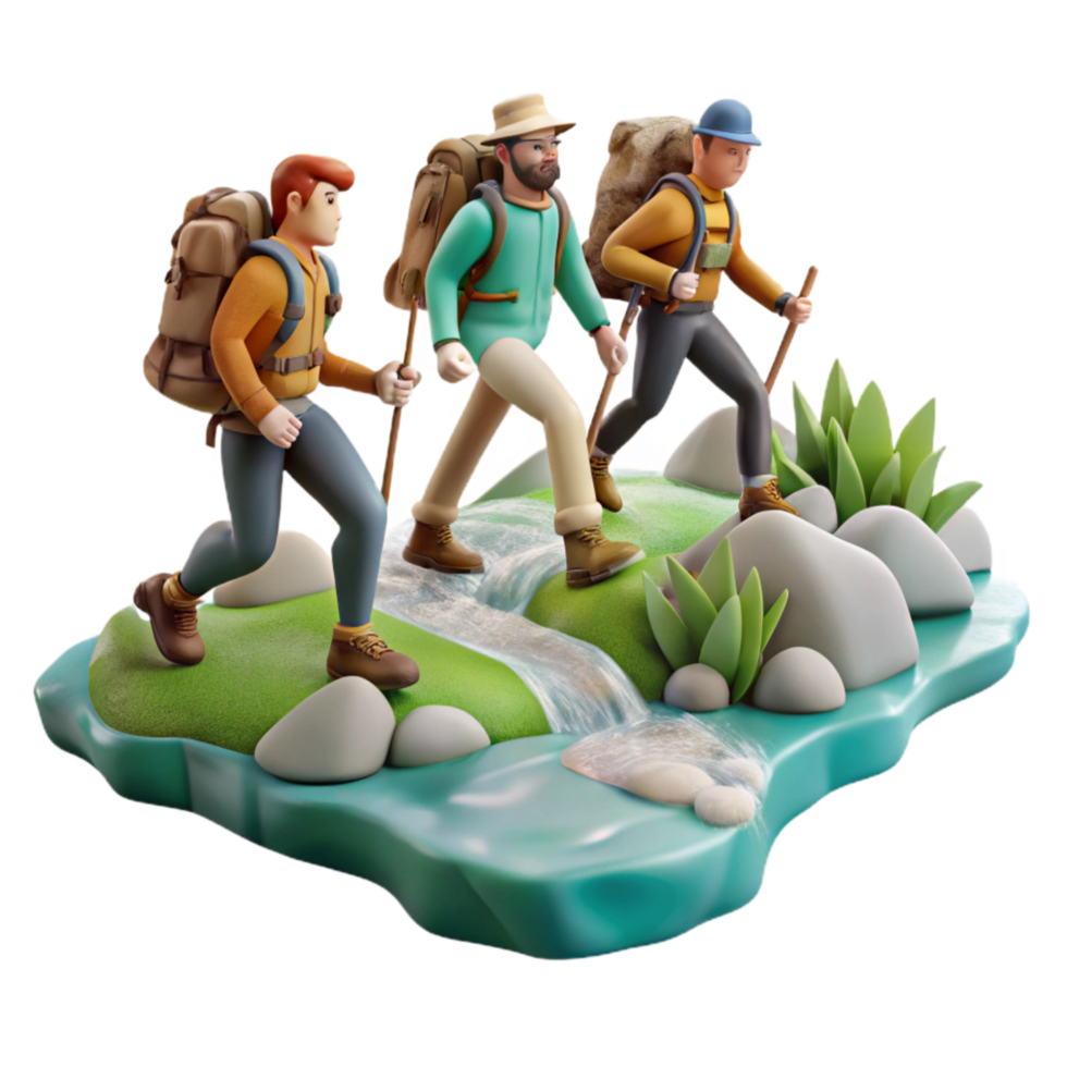 dramatic abstract Group of Hikers Crossing Mountain Stream Transparent Background authentic png