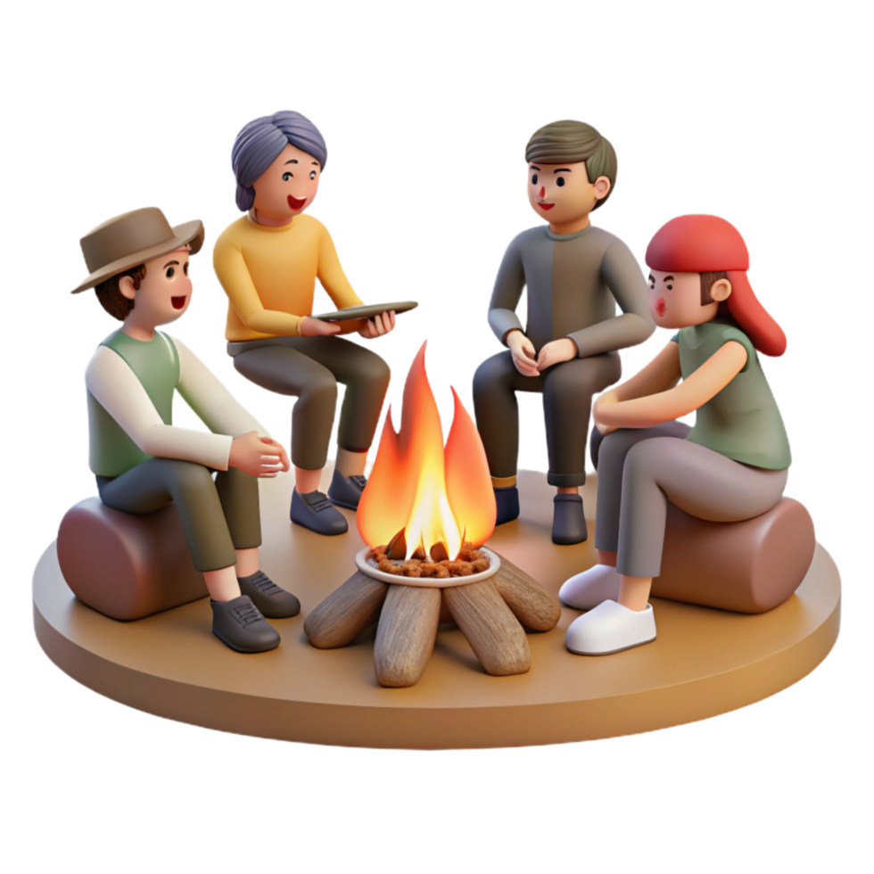 vibrant minimalist Group of People Sitting Around Campfire Isolated detailed png