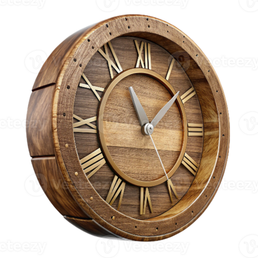 vibrant creative Handcrafted Wooden Clock with Roman Numerals Isolated high quality png