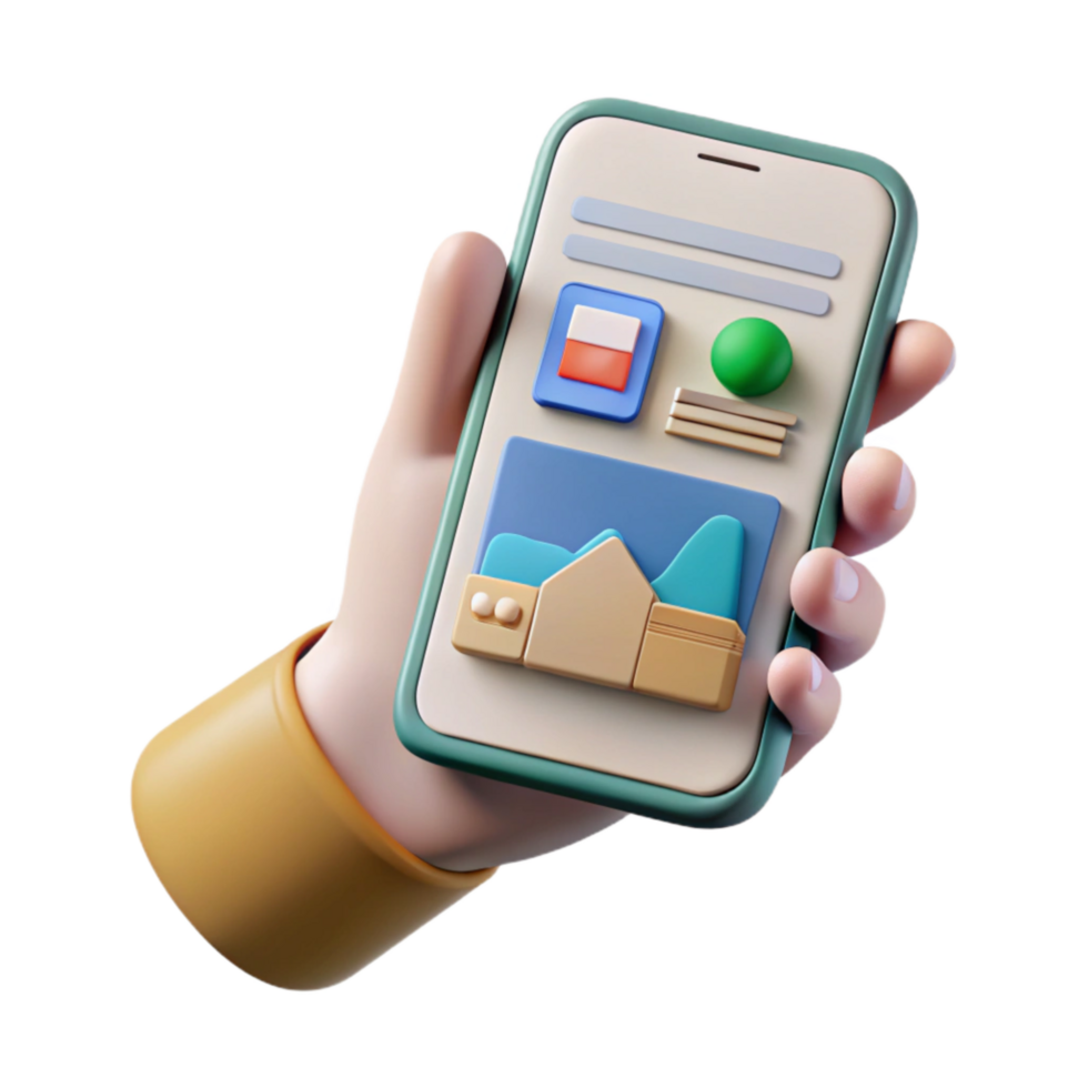 serene rustic Hand Holding Smartphone with Website Design Mockup Isolated high resolution png