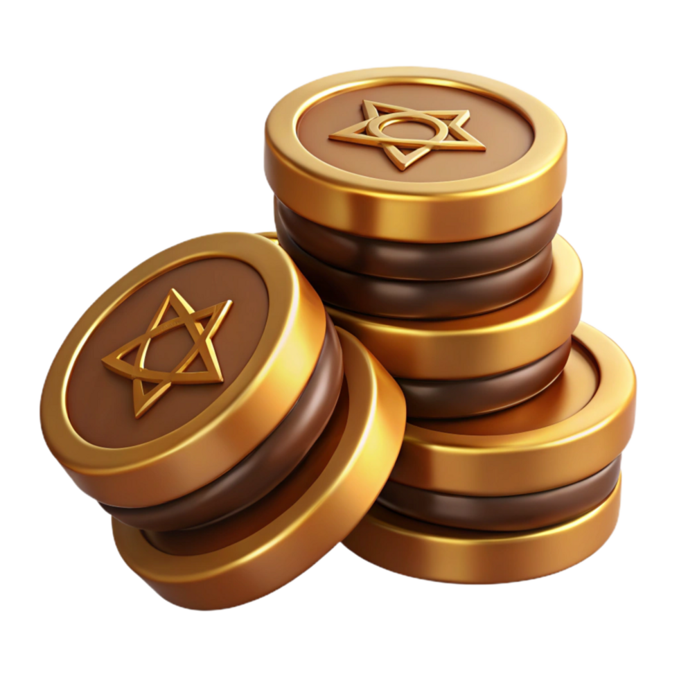 elegant modern Hanukkah Chocolate Coins Stacked Gold Foil Isolated authentic png