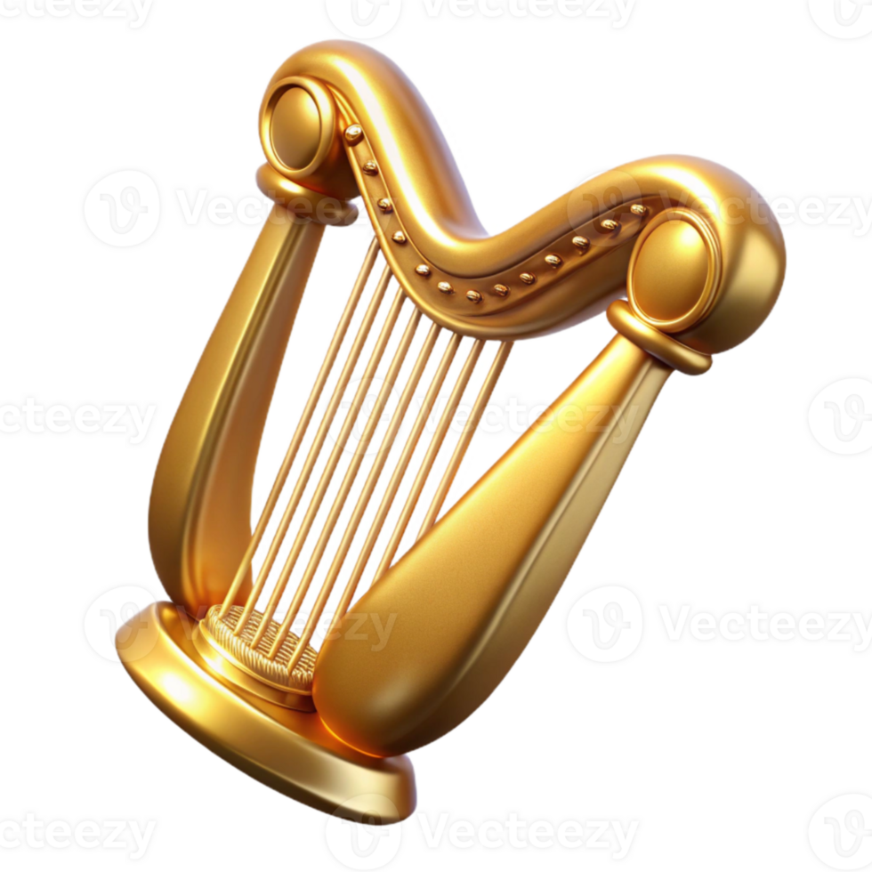 beautiful vintage Harp Golden Isolated on Transparent Background 4K png