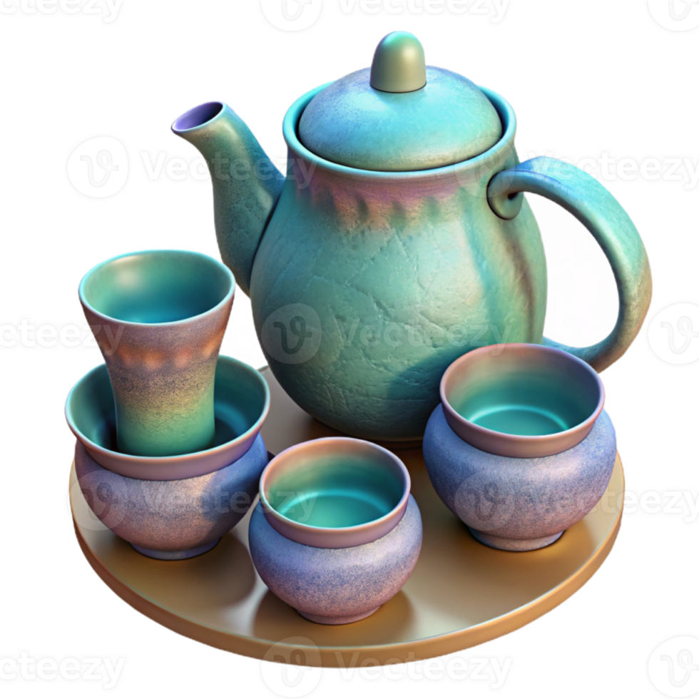 vibrant artistic Herbal Teapot and Cups Transparent Background authentic png