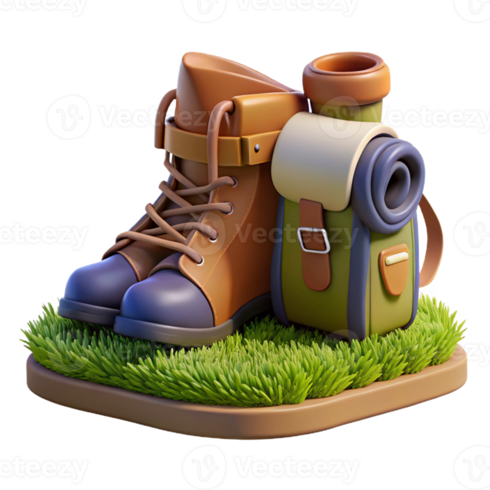 dramatic vintage Hiking Boots and Backpack on Grass Isolated genuine png