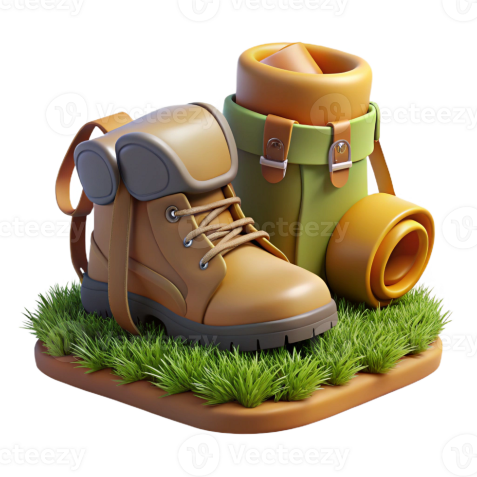 extraordinary creative Hiking Boots and Backpack on Grass Isolated genuine png
