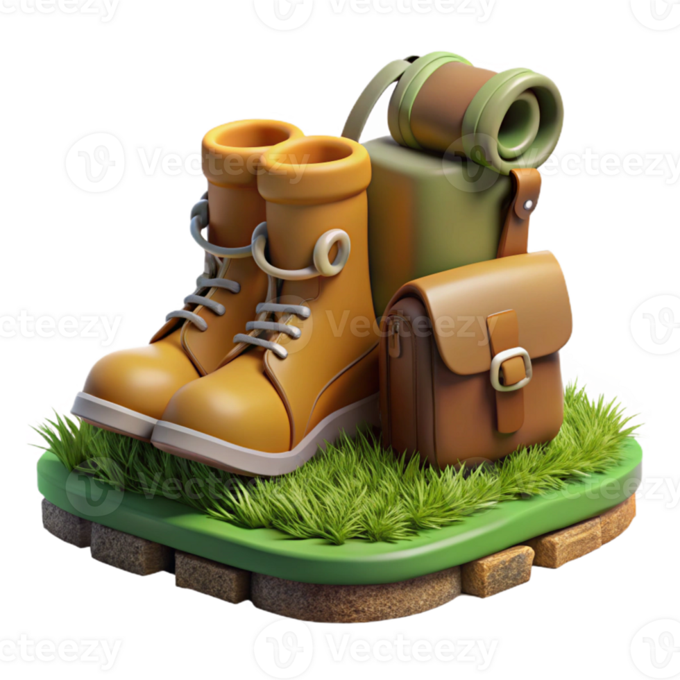 stunning creative Hiking Boots and Backpack on Grass Isolated original png