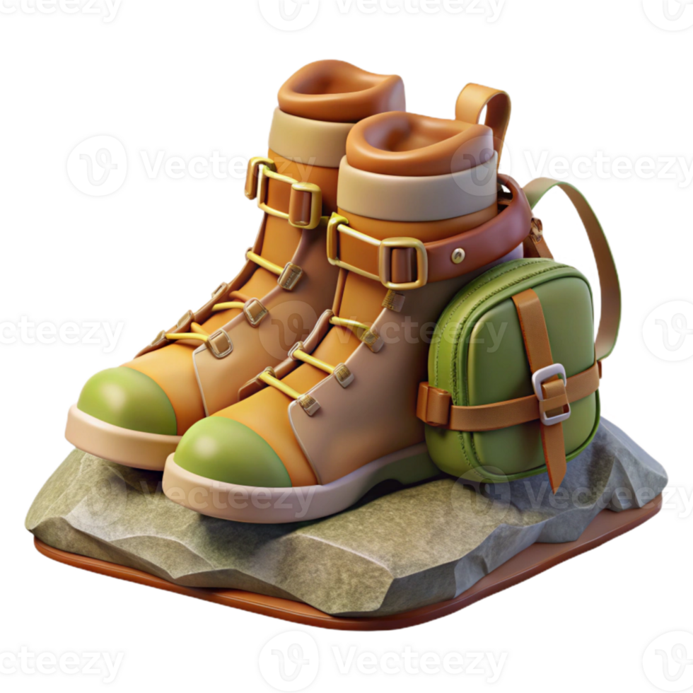 elegant traditional Hiking Boots and Backpack on Grass Isolated 4K png