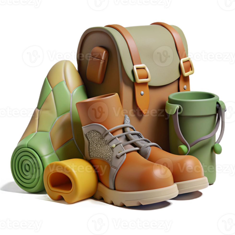 dramatic artistic Hiking Boots and Backpack on Grass Isolated original png