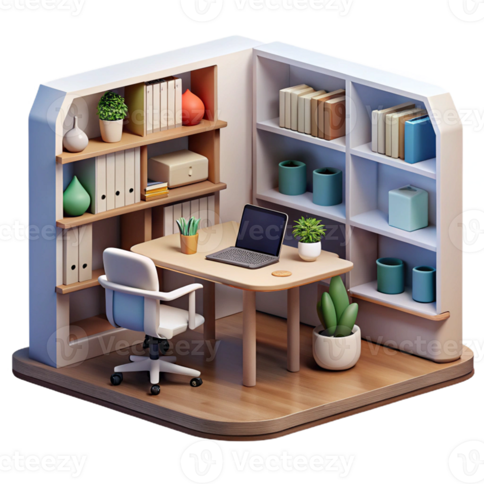 serene contemporary Home Office with Bookshelves Transparent Background Cutout 4K png