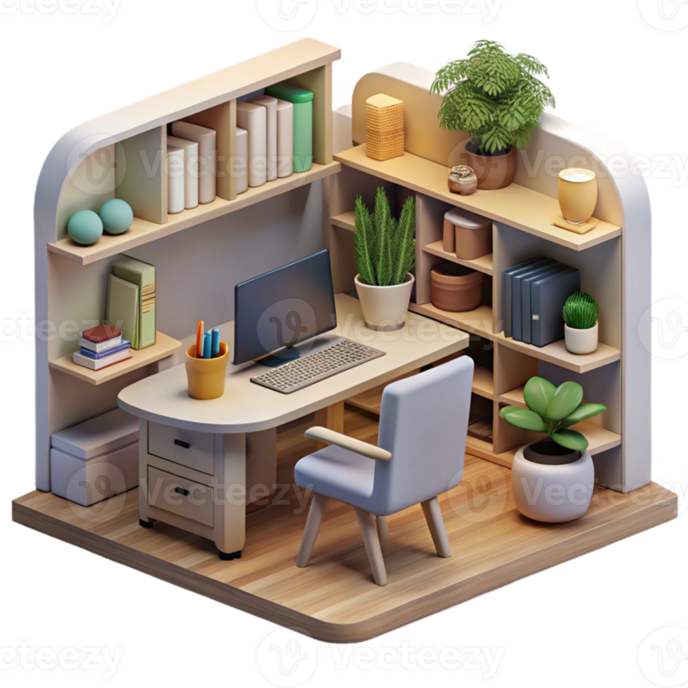 vibrant contemporary Home Office with Bookshelves Transparent Background Cutout original png