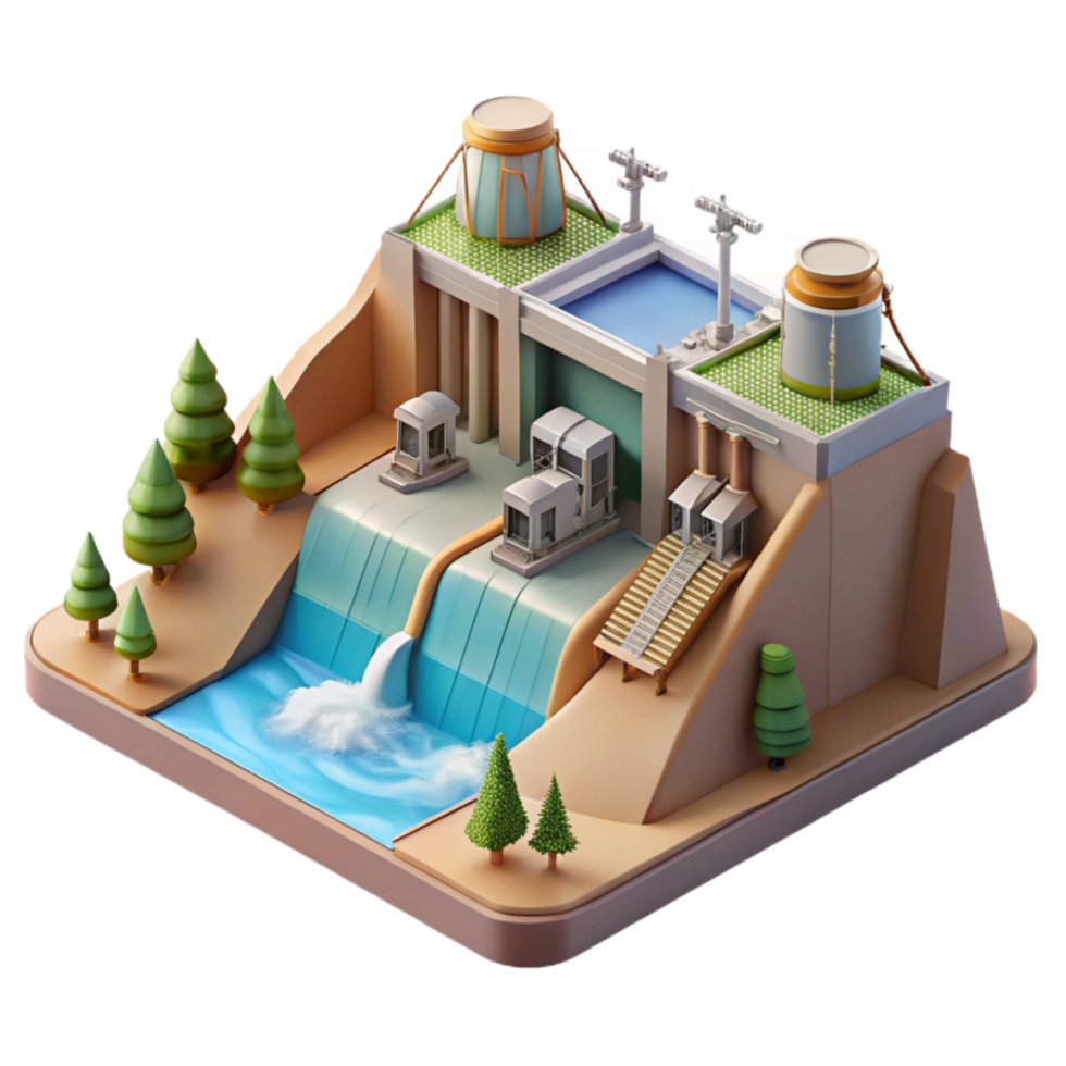 serene modern Hydroelectric Power Plant Landscape Perspective Isolated authentic png