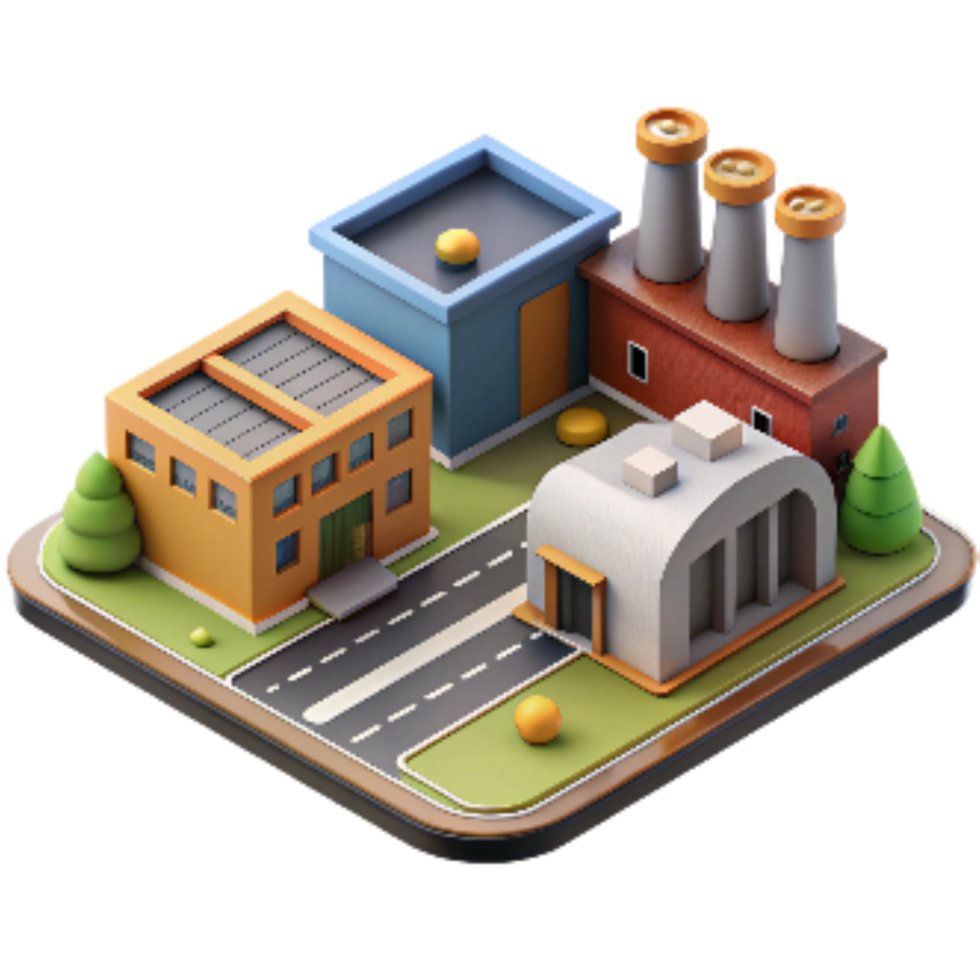 impressive minimalist Industrial Park Buildings and Roads Transparent Background 4K png