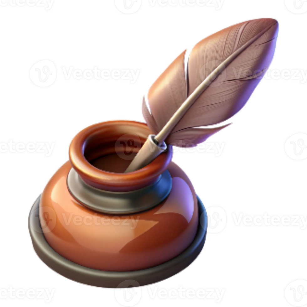 beautiful rustic Inkwell with Quill Pen Isolated original png