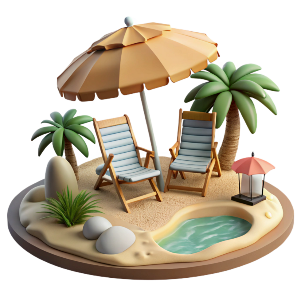 extraordinary rustic Isolated Beach with Umbrellas and Chairs Transparent Background genuine png