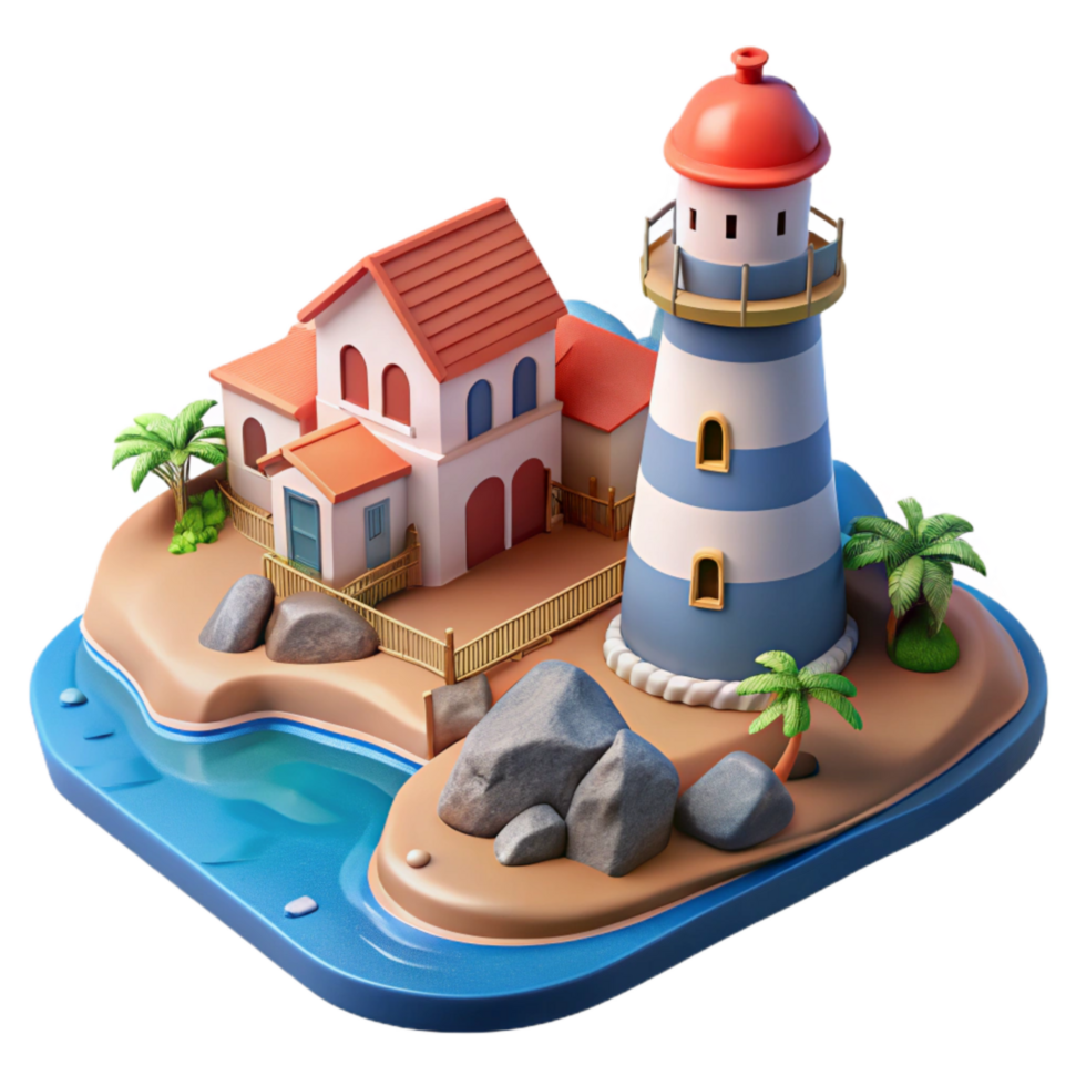 magnificent rustic Isolated Coastal Town with Lighthouse Cutout detailed png