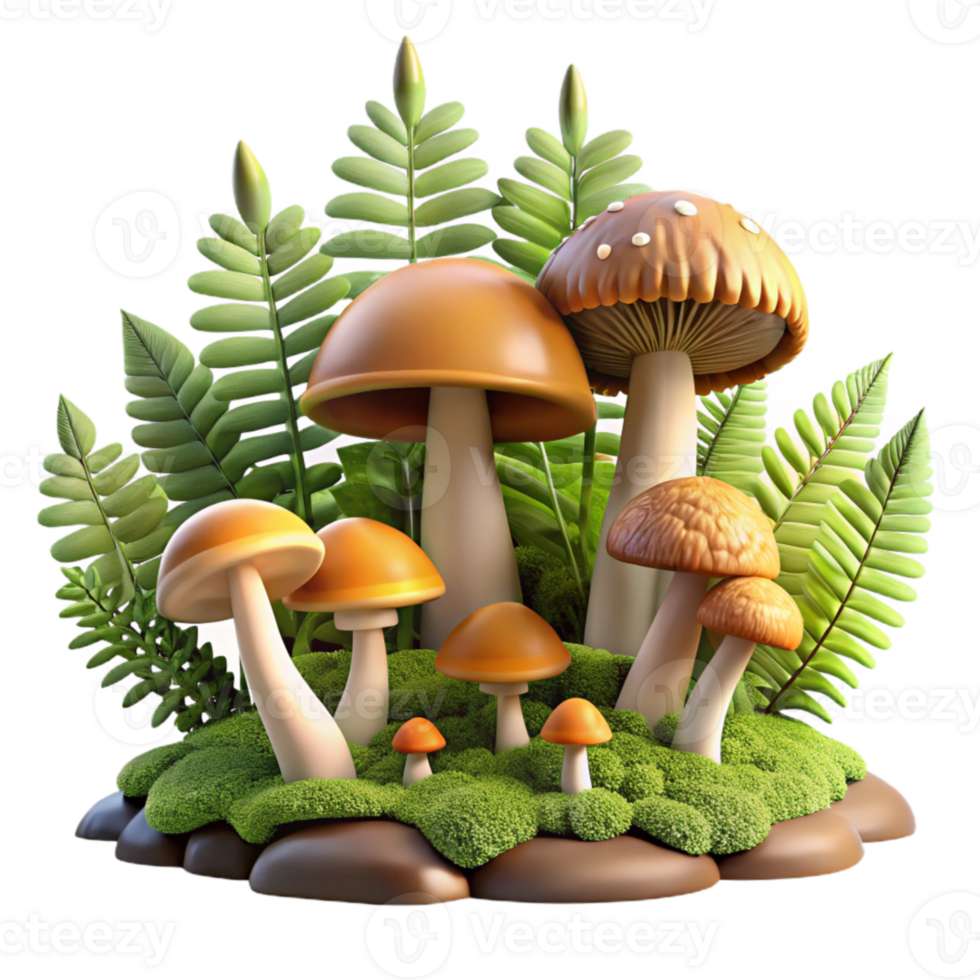 dramatic creative Isolated Forest with Mushrooms and Ferns Transparent Background high quality png