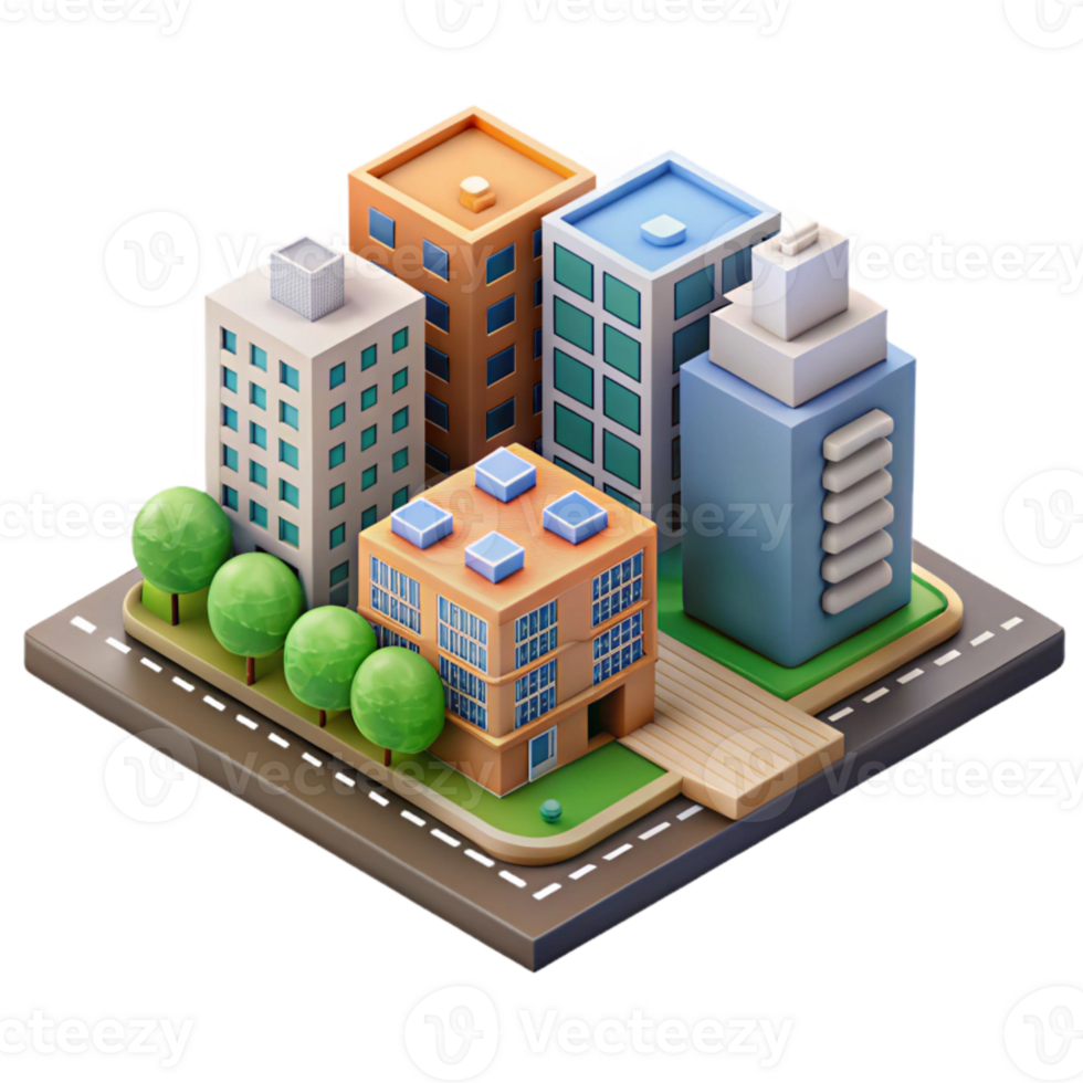 beautiful artistic Isometric City Block Buildings and Roads Isolated authentic png