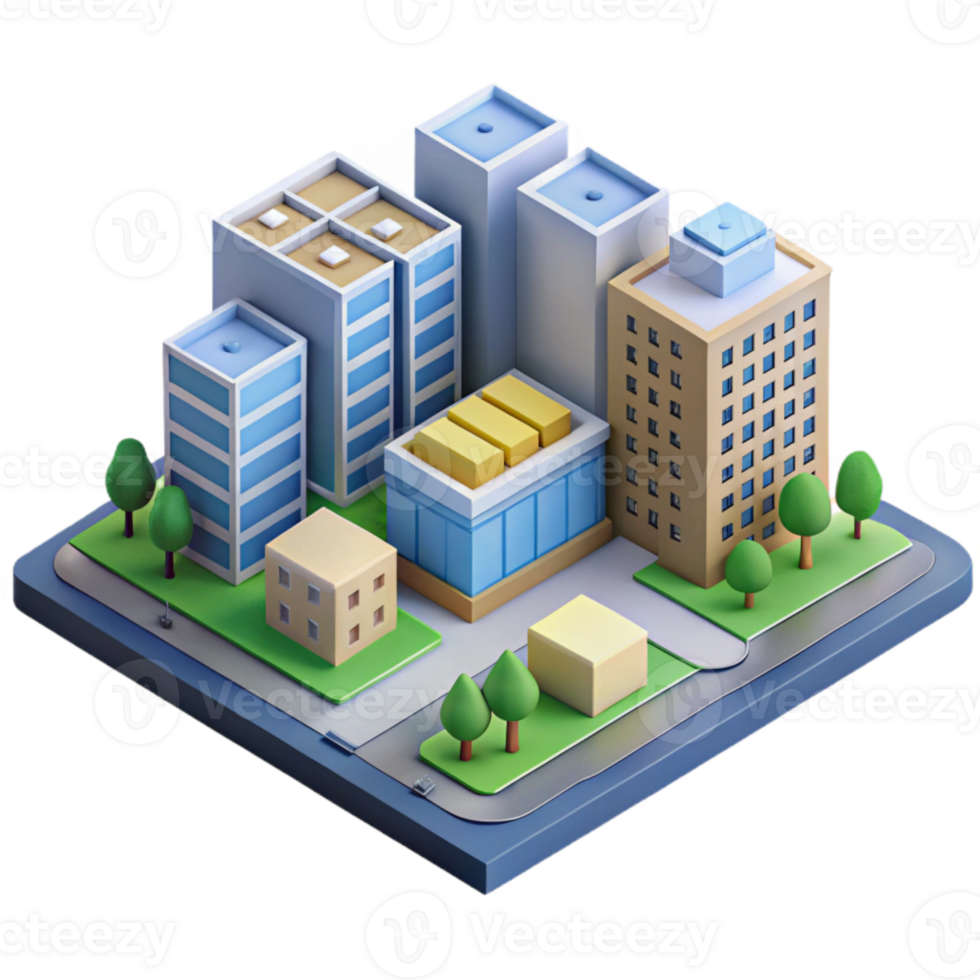impressive minimalist Isometric City Block Buildings and Roads Isolated professional png