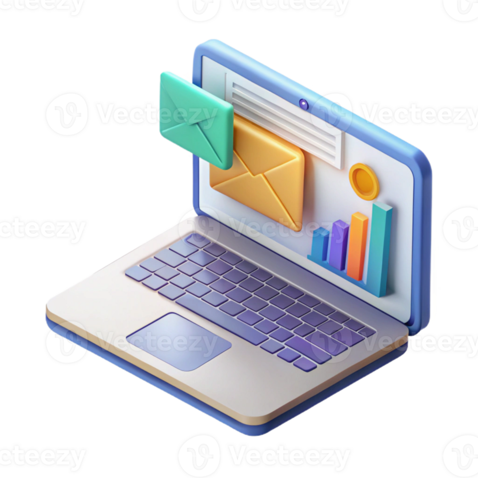 dramatic modern Isometric Laptop with Email Marketing Dashboard Transparent detailed png