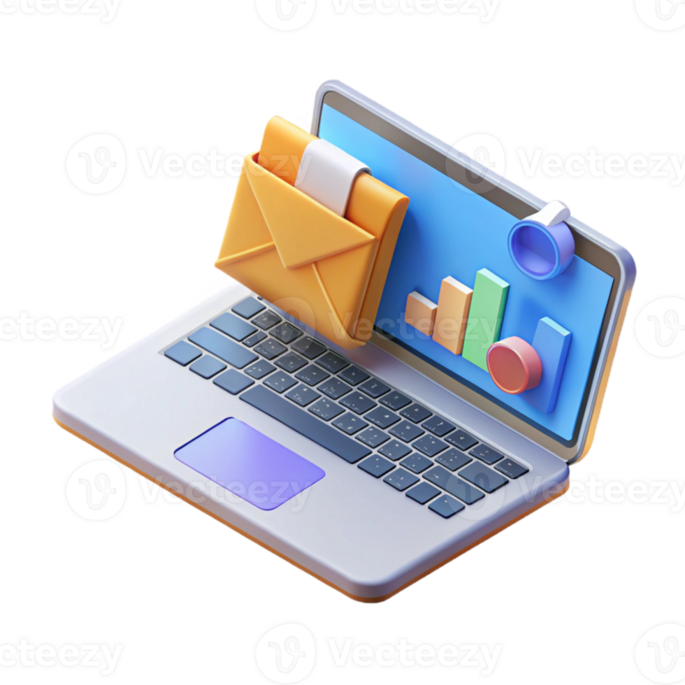 impressive minimalist Isometric Laptop with Email Marketing Dashboard Transparent genuine png