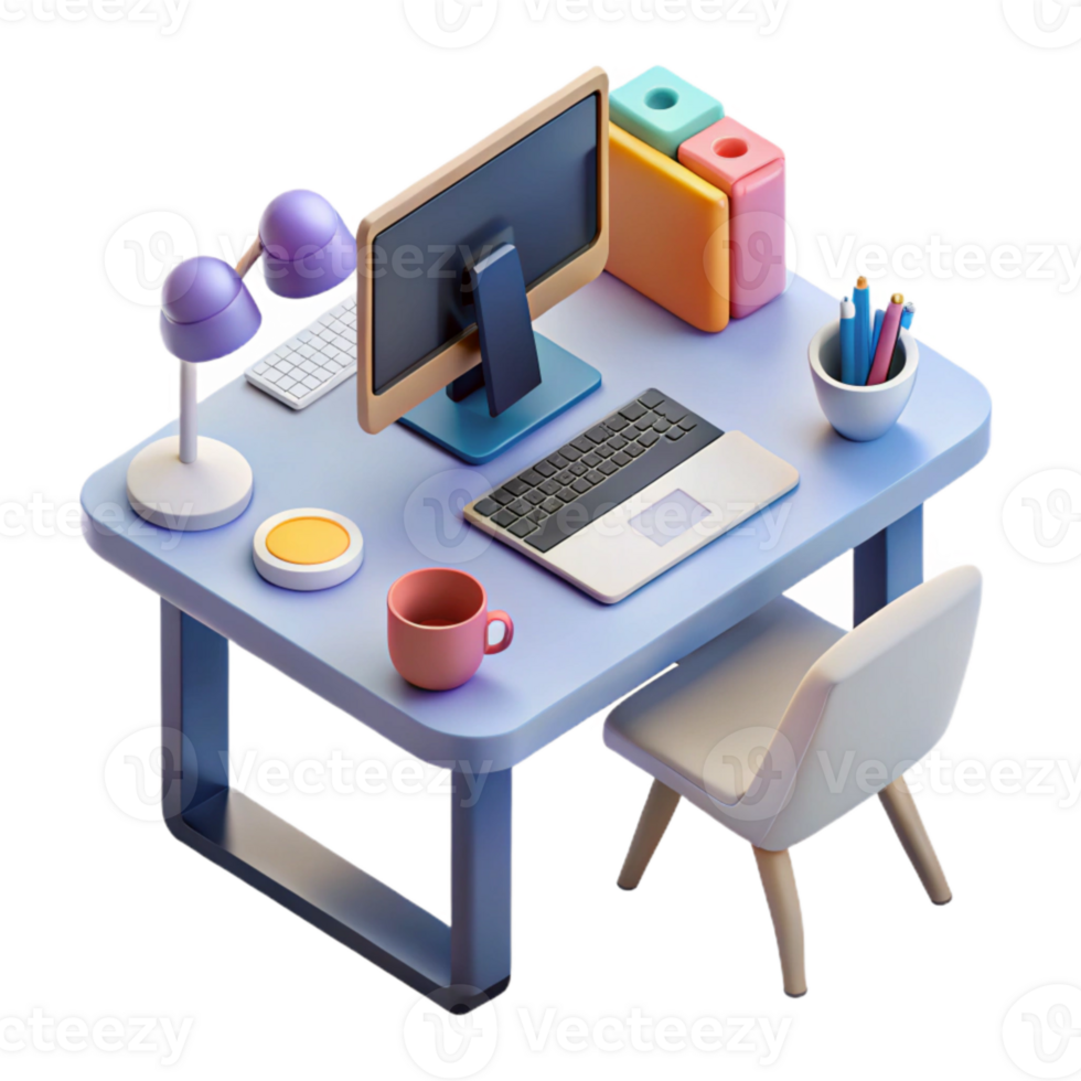 vibrant artistic Isometric Office Desk with Laptop and Coffee Mug Isolated premium png